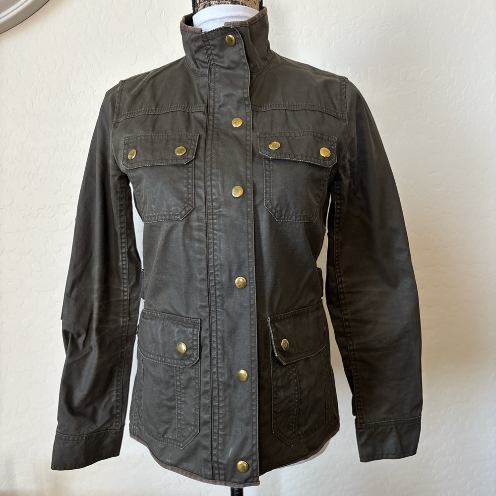 J Crew Downtown Waxed Cotton Field Military Jacket sz XS Petite Women Green - Picture 2 of 8